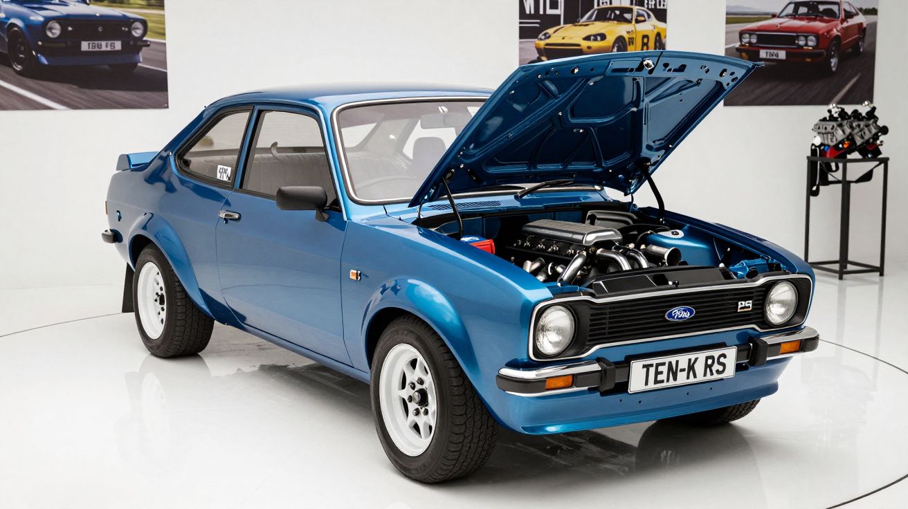 Carro clássico azul Ford com capô aberto mostrando o motor, exposto em espaço interior branco.