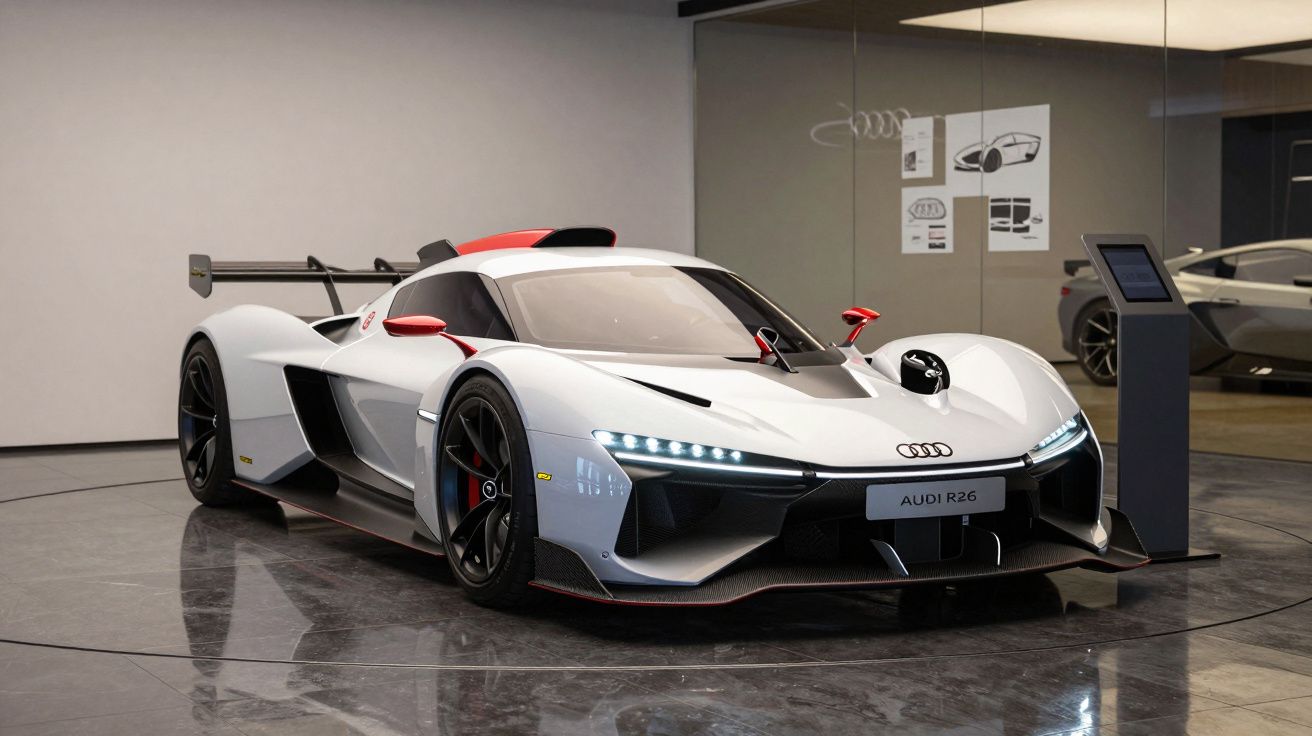 Carro desportivo Audi R26 branco com detalhes vermelhos em exposição, visto de frente, num showroom moderno.