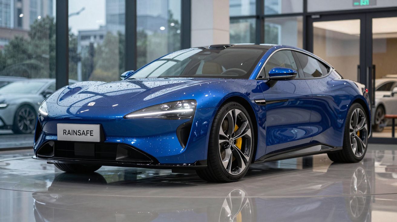 Carro desportivo eléctrico azul brilhante numa exposição interior moderna.