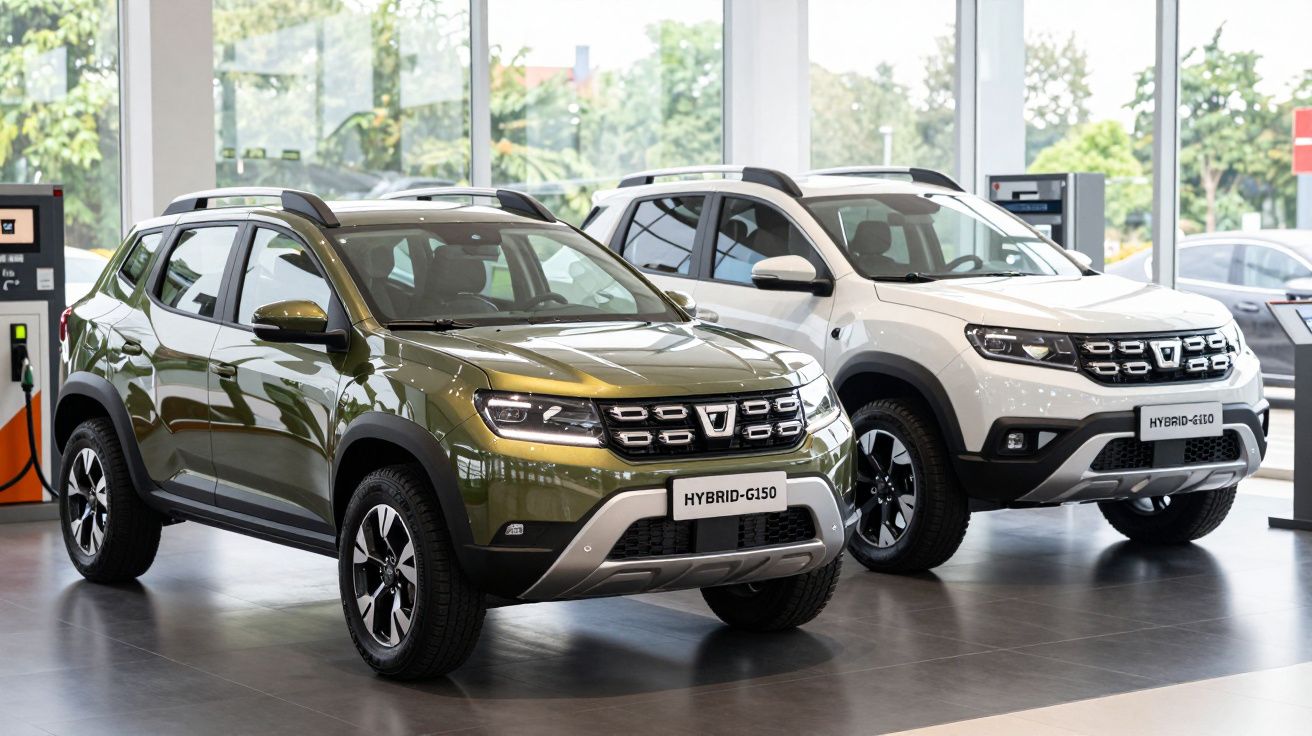 Dois carros Dacia Hybrid expostos num salão, um verde e outro branco, com janelas amplas ao fundo.