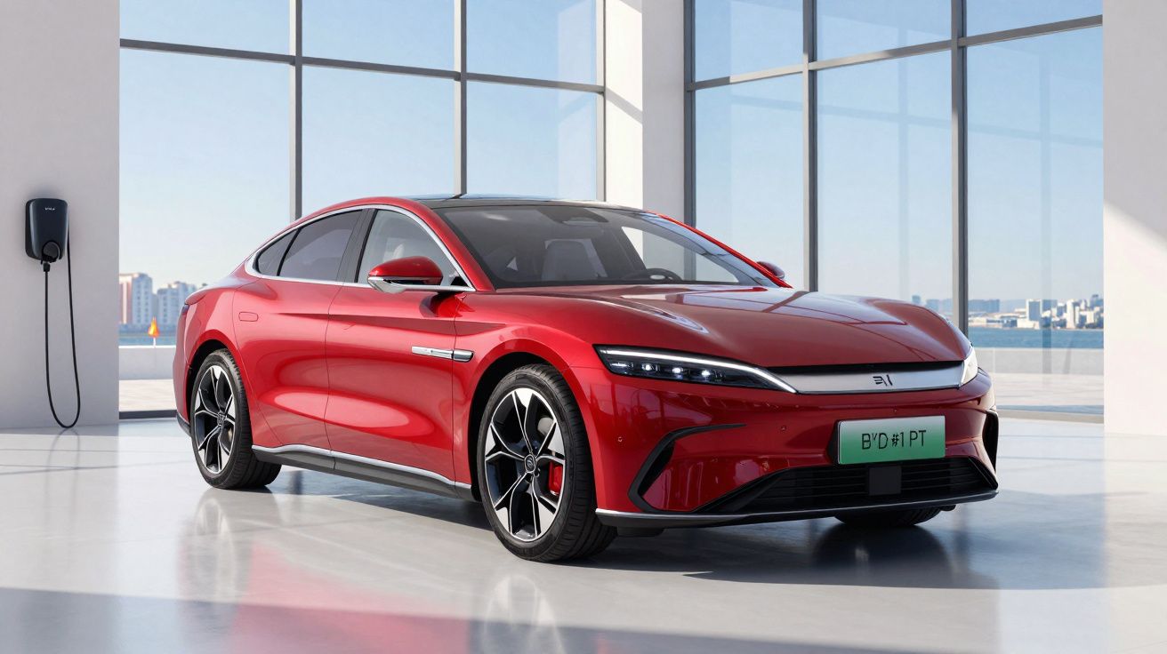 Carro elétrico vermelho estacionado em garagem luminosa, carregador ligado à parede e vista urbana ao fundo.