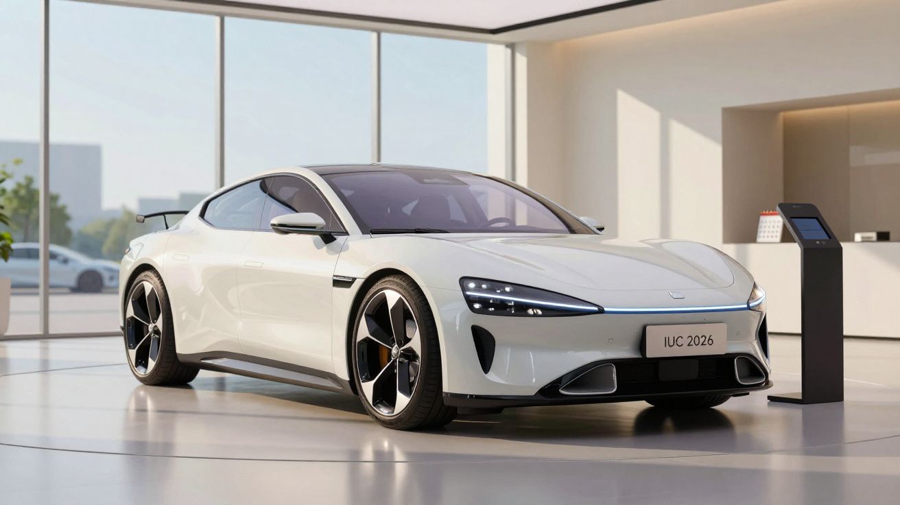 Carro elétrico desportivo branco exposto numa sala moderna com grandes janelas de vidro.