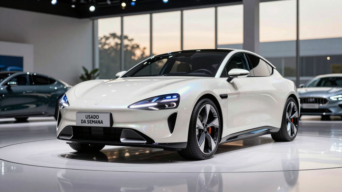 Carro desportivo elétrico branco exibido numa sala de exposição moderna com luzes brilhantes.