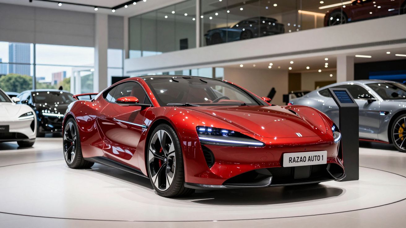 Carro desportivo elétrico vermelho em exposição numa sala moderna com outros carros ao fundo.