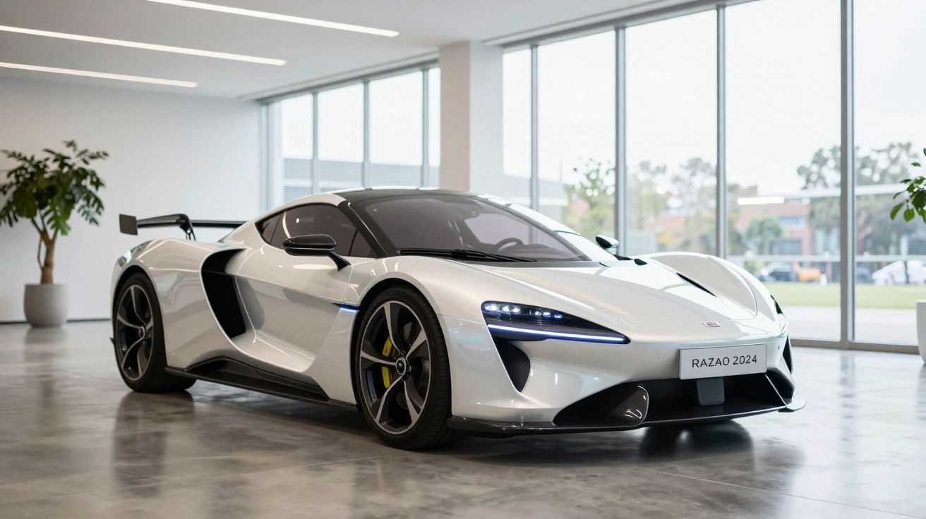 Carro desportivo branco estacionado em piso interior de exposição com janela panorâmica ao fundo.