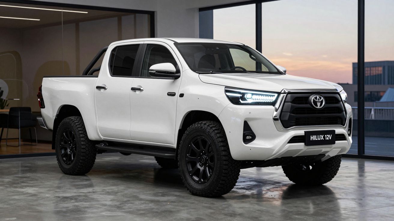 Picape Toyota Hilux 12V branca estacionada em garagem moderna com iluminação interior.