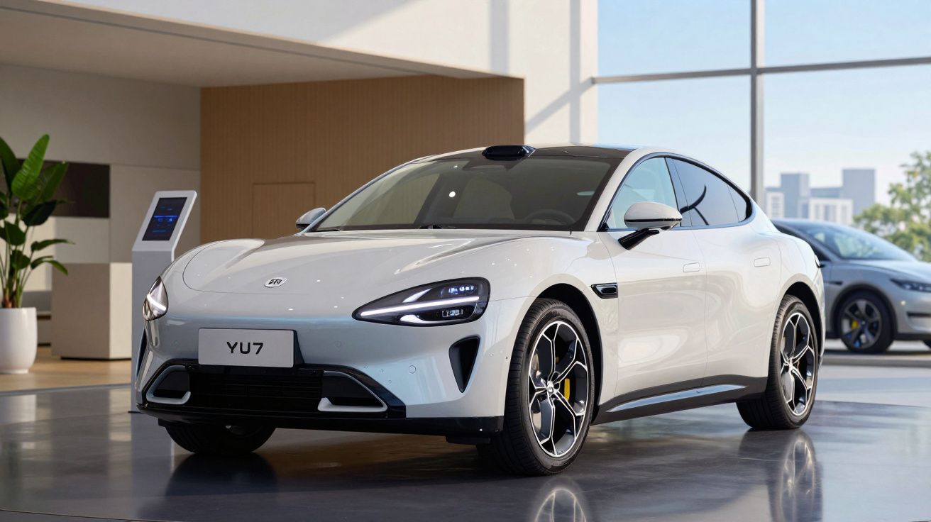 Carro elétrico branco Kia YU7 estacionado numa sala iluminada com janelas grandes e elementos modernos.