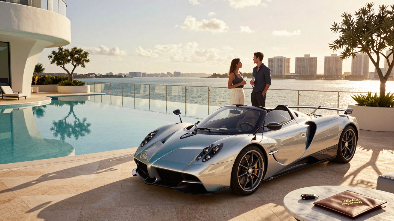 Carro desportivo prata junto a piscina com casal a conversar e vista urbana ao fundo ao entardecer.