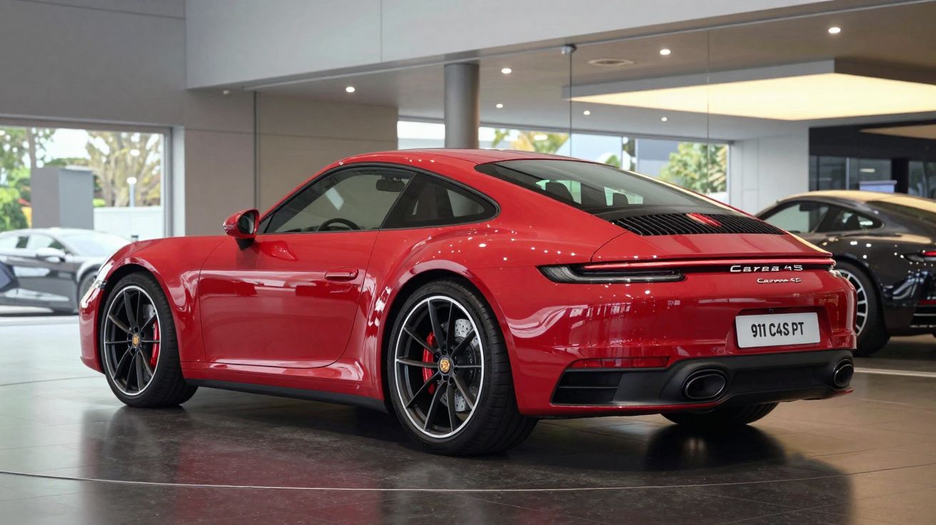 Automóvel desportivo Porsche 911 C4S vermelho visto de trás numa sala de exposição moderna.