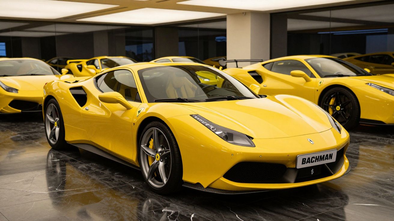 Carro desportivo amarelo brilhante estacionado num interior com vários carros similares ao fundo.