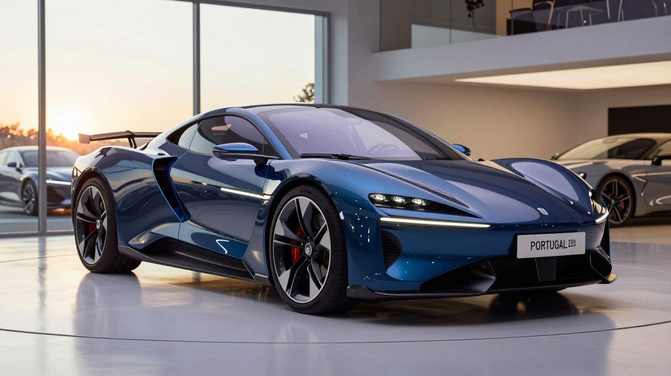 Carro desportivo azul escuro elétrico estacionado em ambiente interior moderno ao pôr do sol.