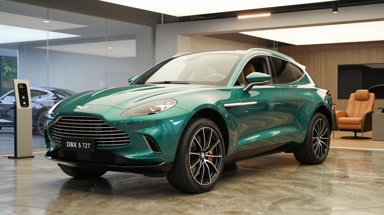 SUV Aston Martin DBX S 727 verde em showroom moderno com chão polido e poltrona castanha ao fundo.