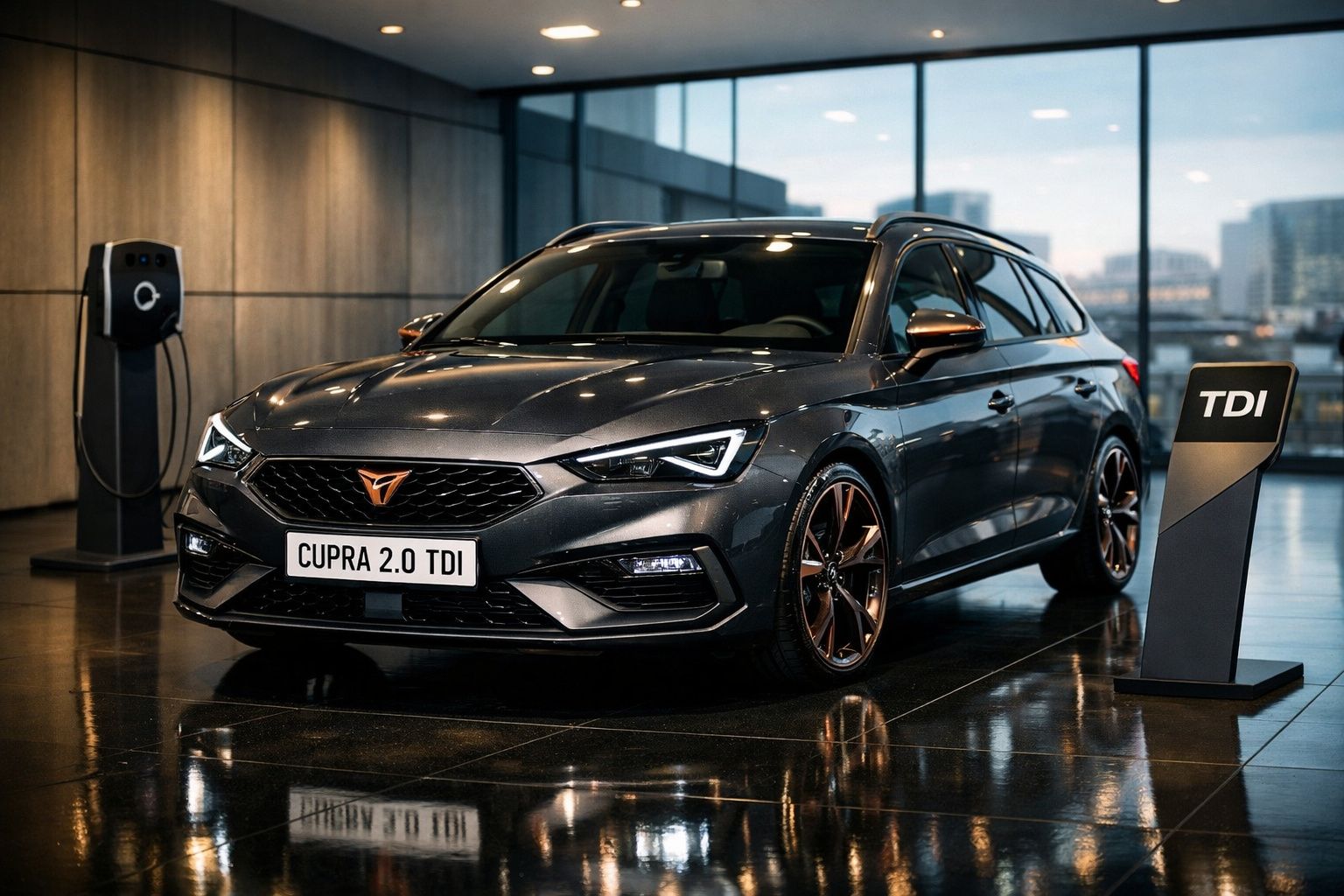 Automóvel Cupra 2.0 TDI cinza escuro estacionado em showroom moderno com carregador elétrico ao lado.