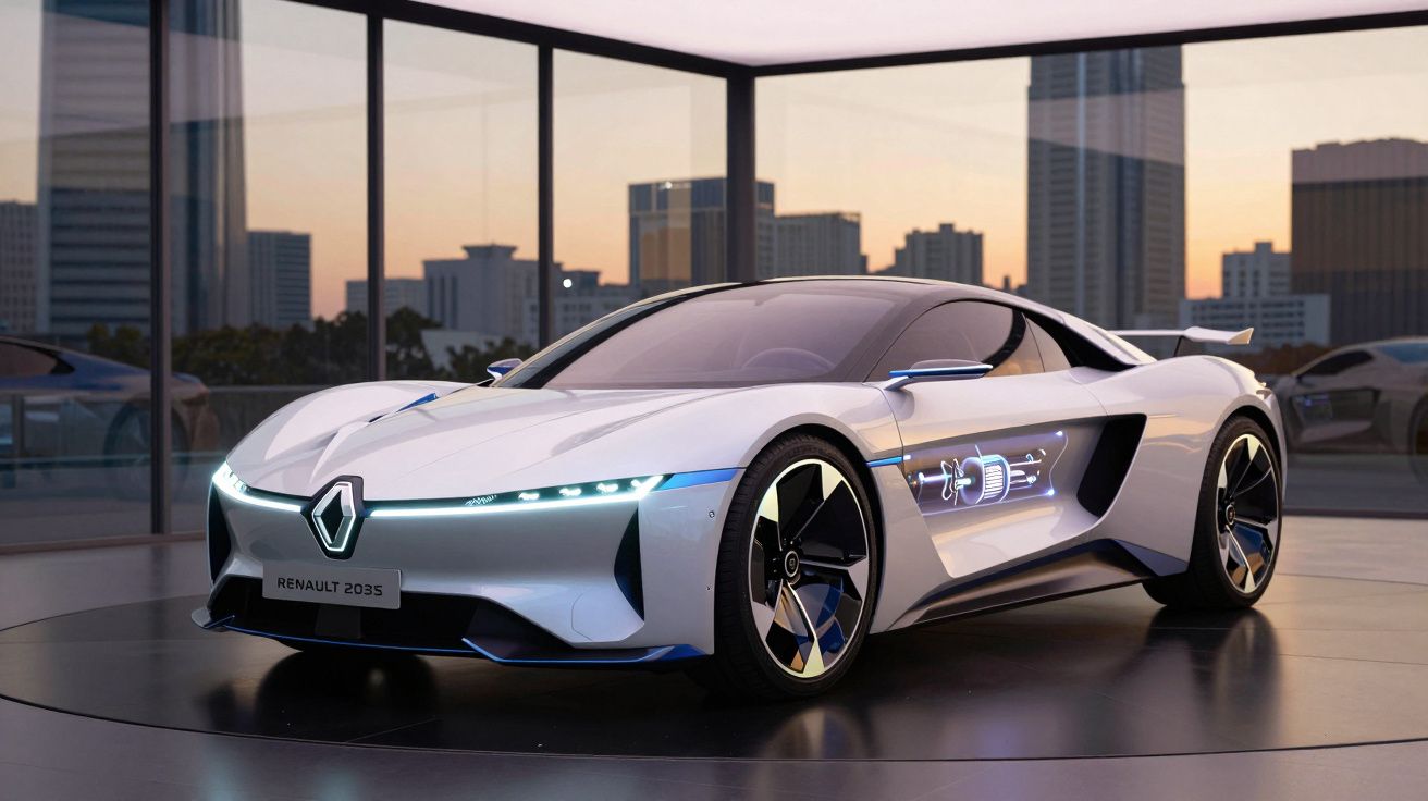 Carro desportivo elétrico branco futurista Renault 2035 num showroom com vista urbana ao pôr do sol.