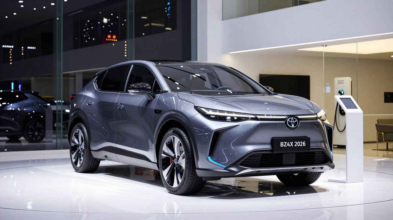 Carro elétrico Toyota BZ4X 2026 cinza em exposição moderna e iluminada, com carregador ao lado.