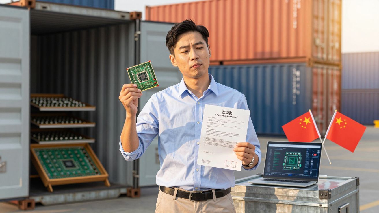 Homem a segurar chip de computador e documento com contêineres e bandeiras da China ao fundo.