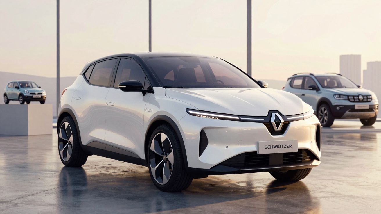 Carro elétrico branco Renault hatchback em exposição com dois carros Dacia ao fundo e luz suave do pôr do sol.