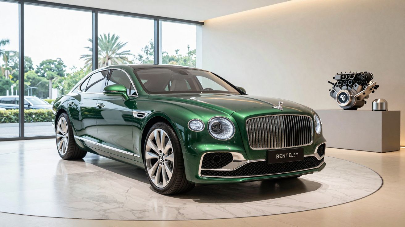 Carro de luxo verde Bentley exposto em sala de showroom com motor ao fundo.