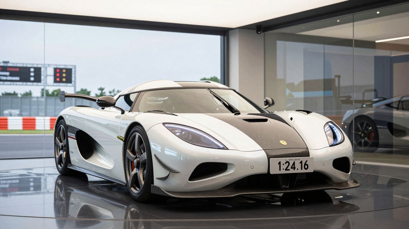 Carro desportivo branco com detalhes em fibra de carbono exposto numa sala moderna com vidro.