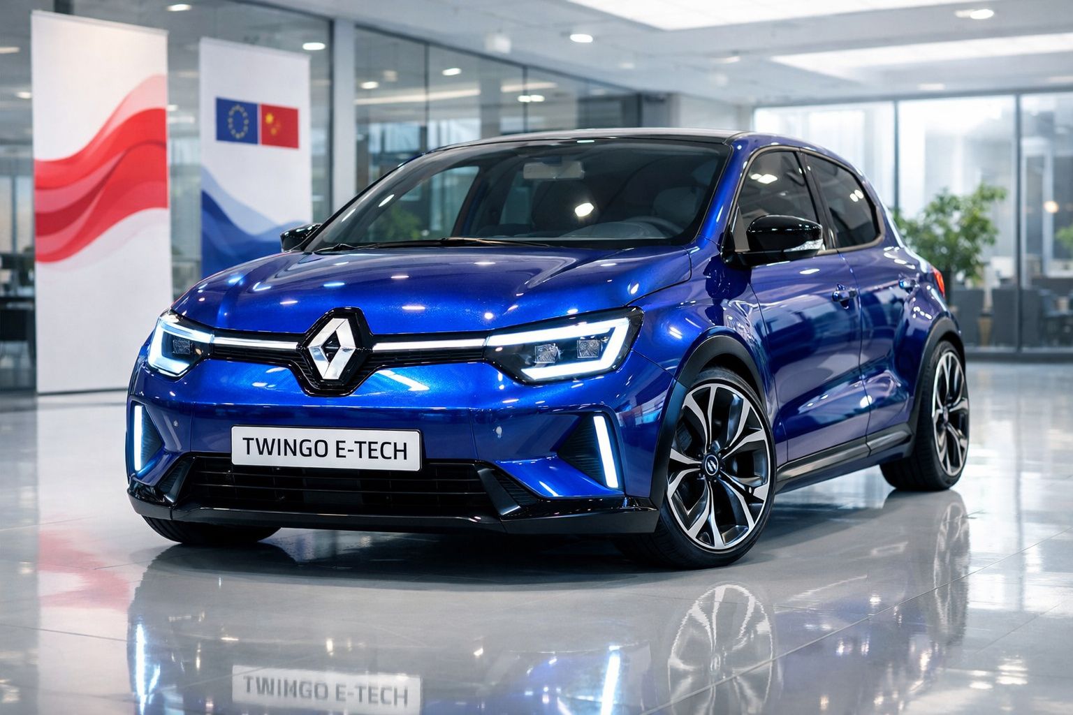 Automóvel Renault Twingo E-Tech azul visto de frente num salão de exposição moderno.