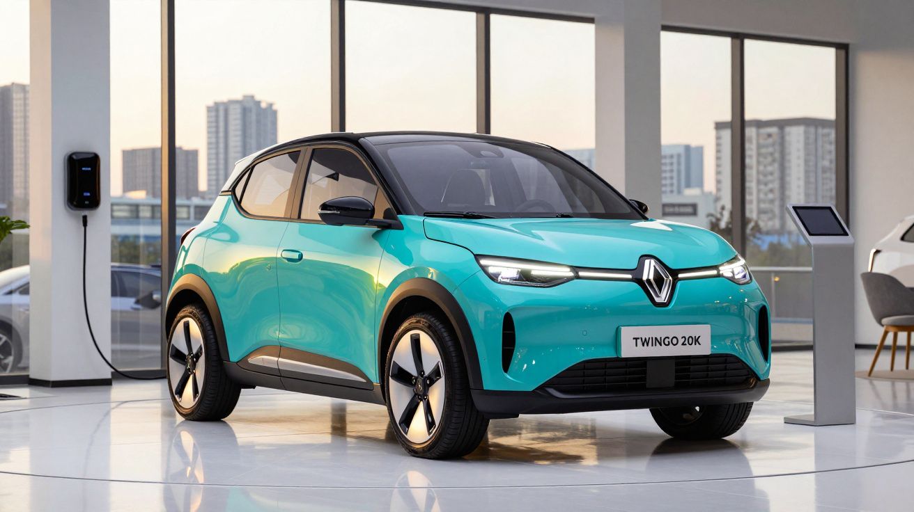Automóvel elétrico Renault Twingo 20K azul turquesa exposto em salão moderno com carregador elétrico.