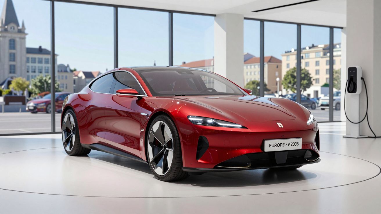 Carro elétrico desportivo vermelho em exposição numa sala moderna com paredes de vidro e carregador elétrico.