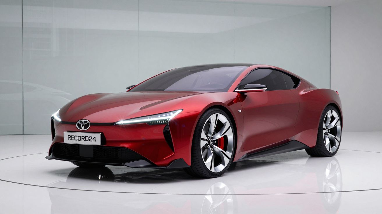 Carro desportivo elétrico vermelho, design futurista, rodas grandes e luzes LED, em ambiente minimalista branco.