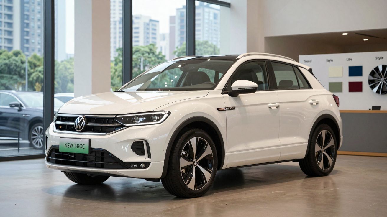 Carro Volkswagen T-Roc branco estacionado em exposição interior com janelas grandes e edifícios ao fundo.