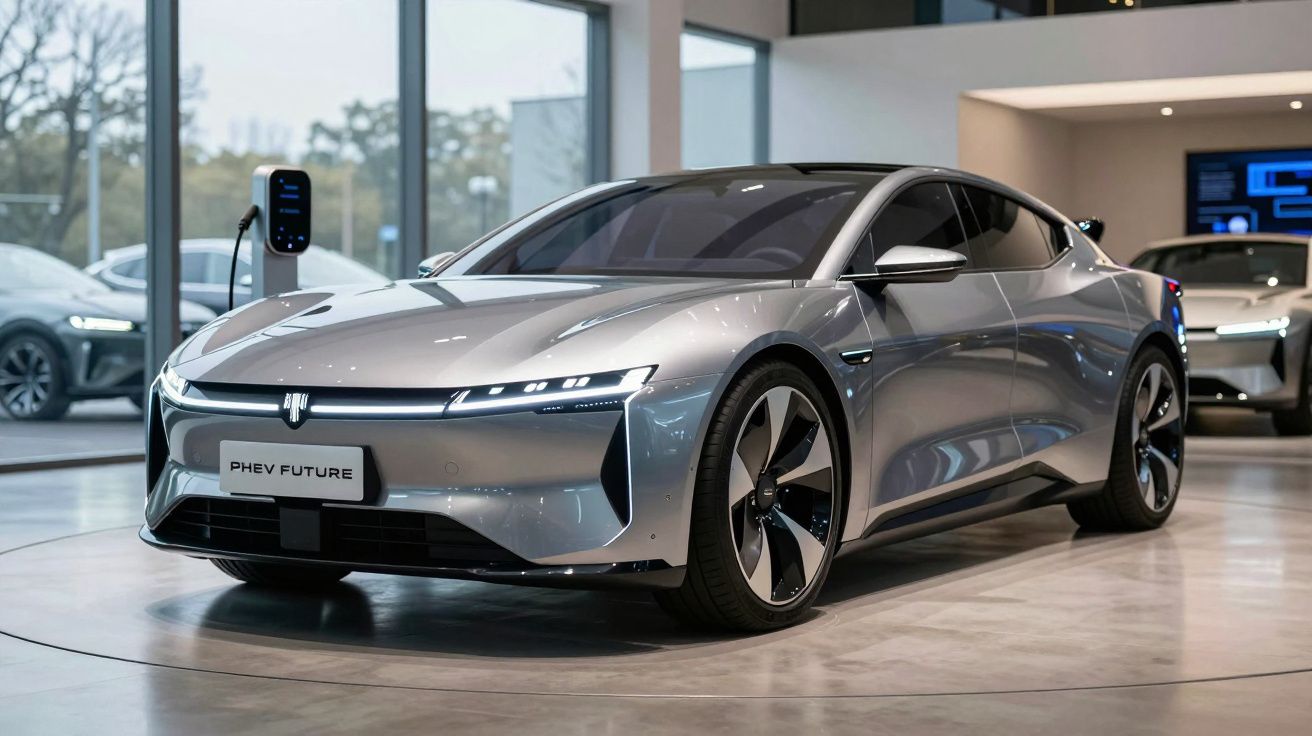 Carro elétrico cinzento prateado estacionado em showroom moderno com carregador ligado à frente.