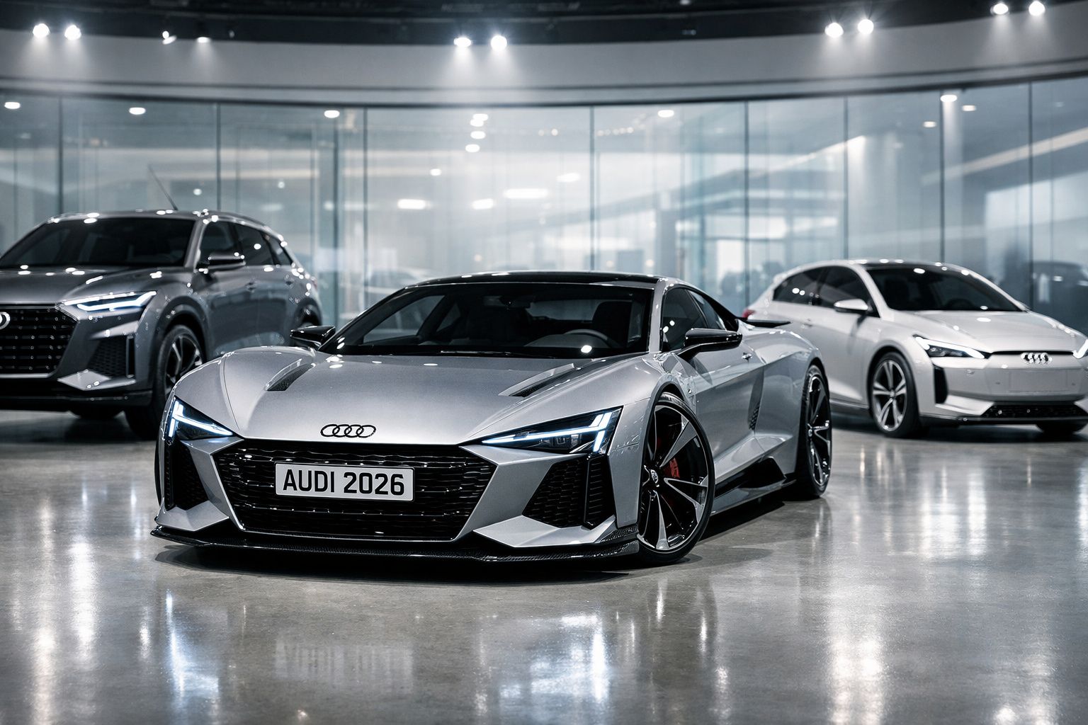 Automóvel desportivo Audi prateado em destaque numa sala de exposição com dois veículos Audi ao fundo.