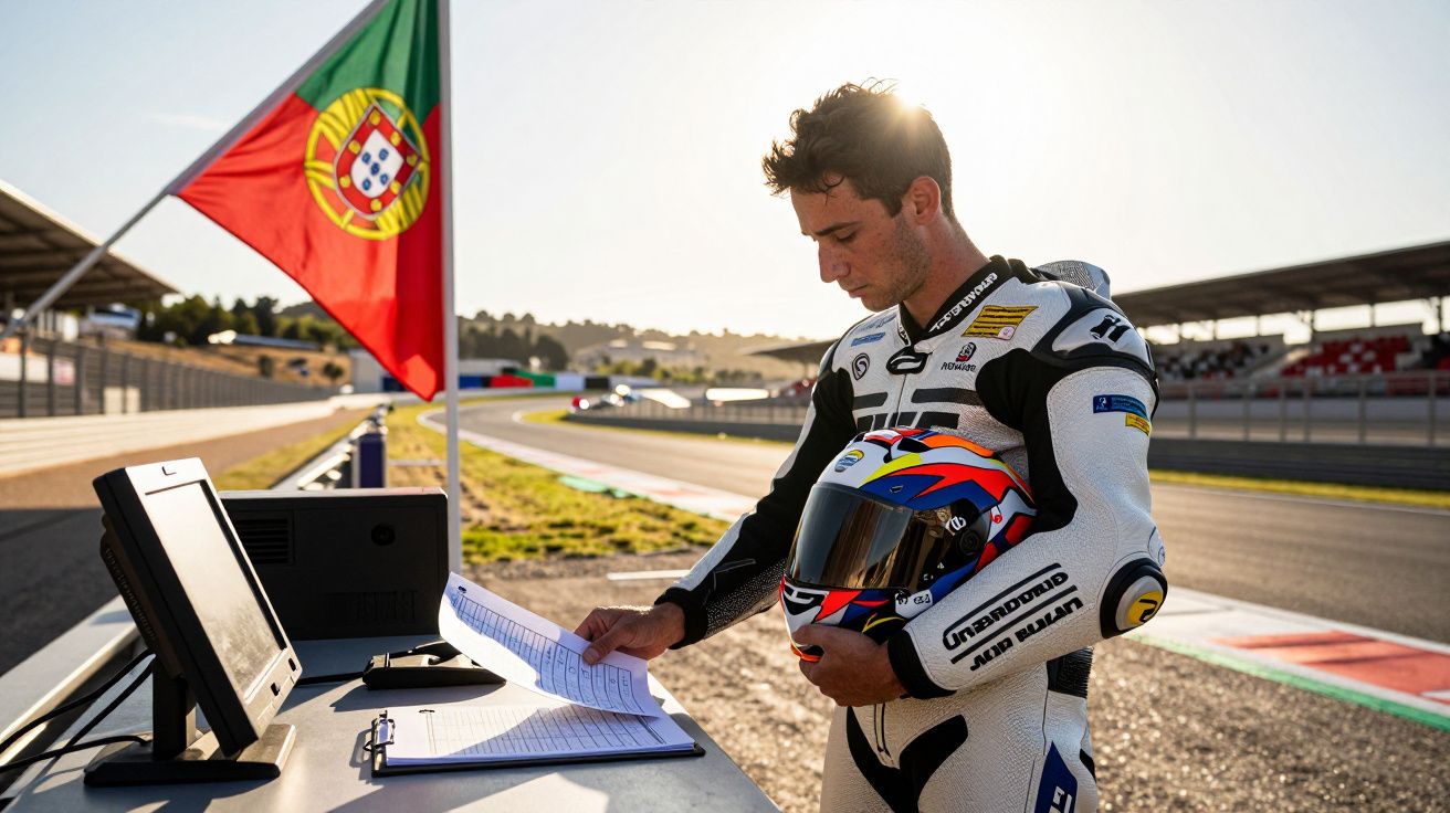 Piloto de motas em fato de corrida consulta notas junto a bandeira de Portugal numa pista de corrida ao pôr do sol.