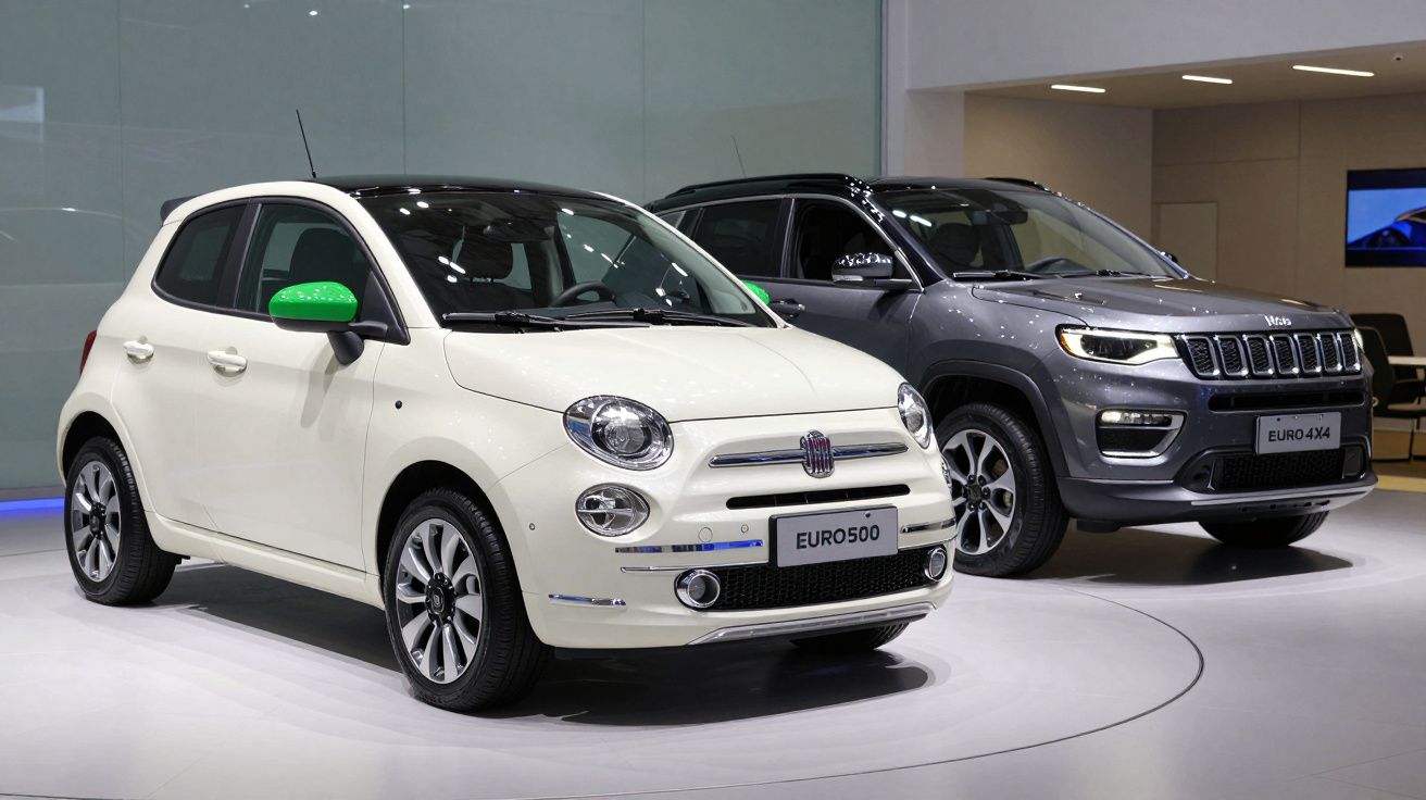 Dois carros novos em exposição: um Fiat 500 branco e um Jeep cinzento junto a uma parede branca.