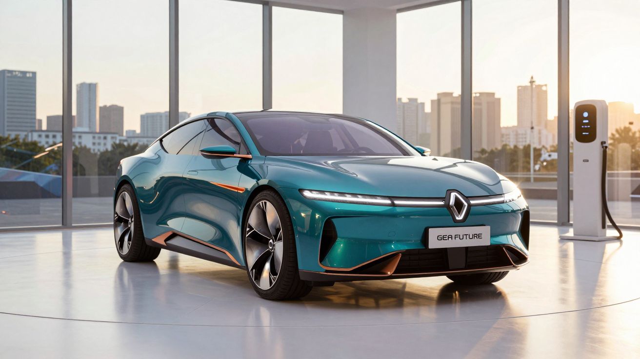 Carro elétrico Renault verde num espaço moderno com janelas grandes e estação de carregamento ao fundo.