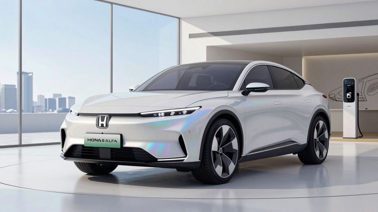 Carro elétrico branco Honda Alfa em exposição moderna com painel de carregamento visível ao fundo.