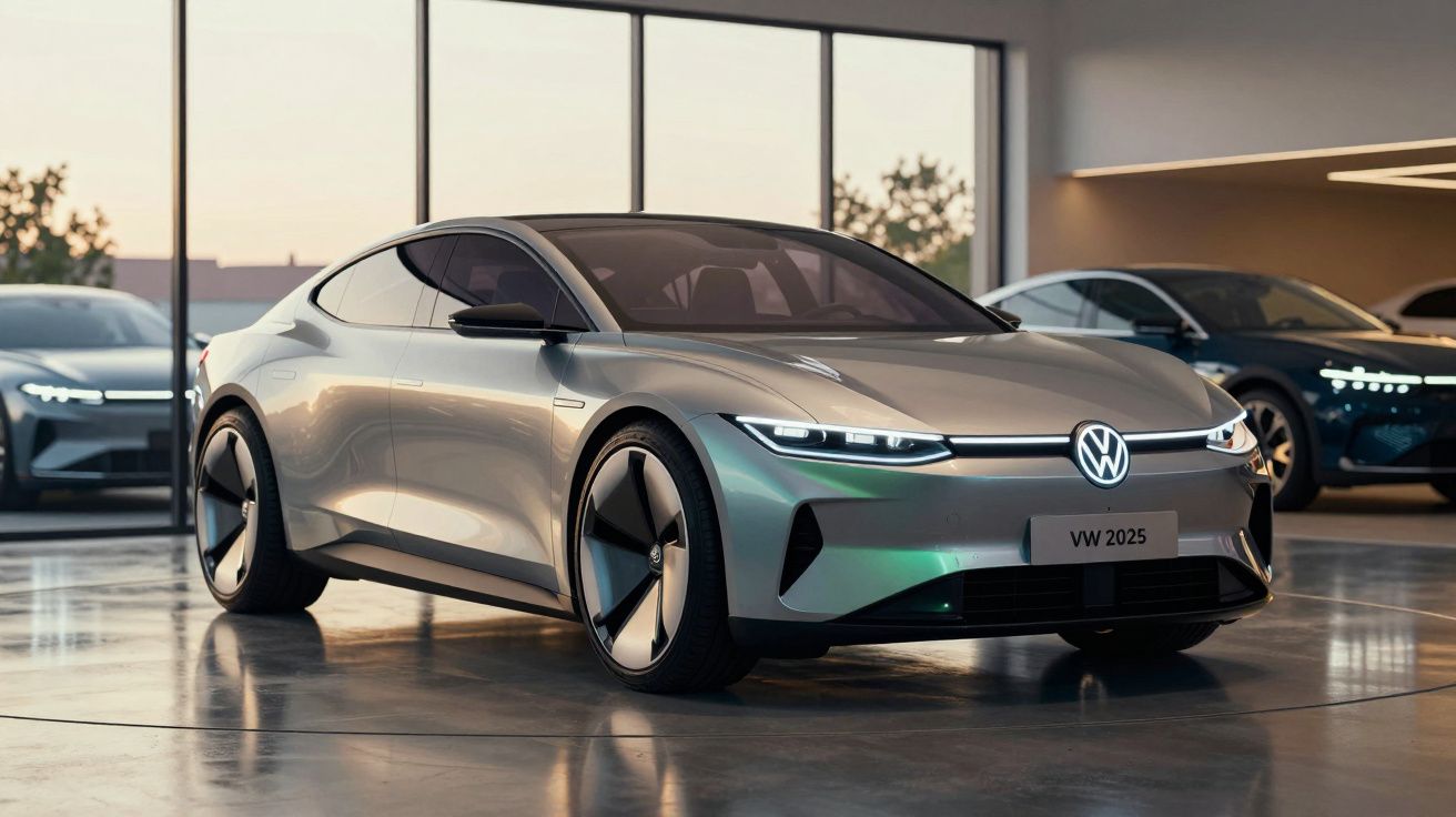 Carro elétrico Volkswagen prata modelo 2025 numa garagem moderna com janelas amplas e luz suave.