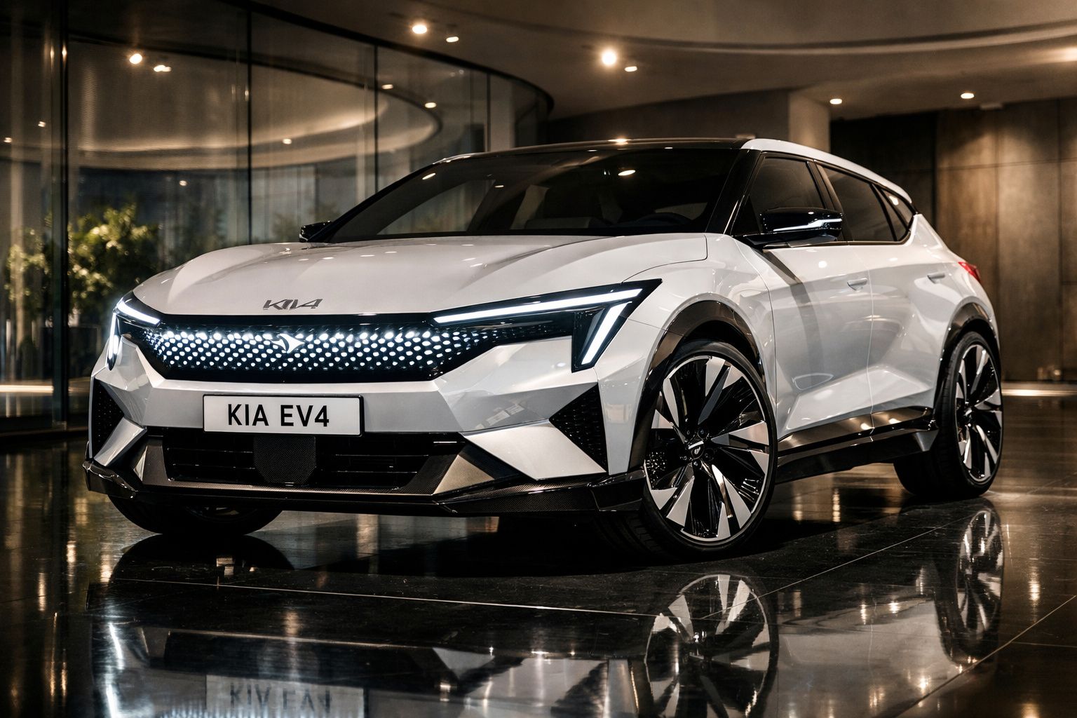 Automóvel elétrico branco Kia EV4 estacionado em espaço moderno e iluminado com reflexos no chão.
