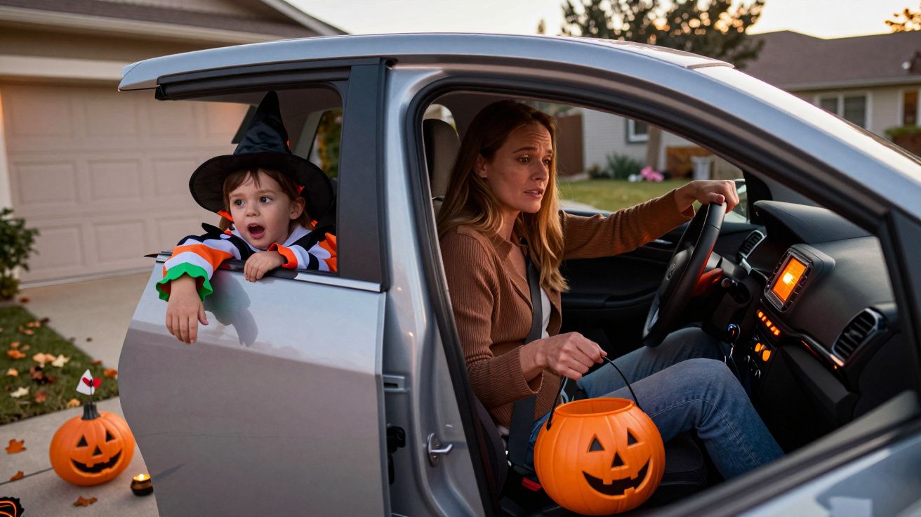 Criança fantasiada de bruxa e mulher segurando balde de abóbora para Halloween dentro de um carro.