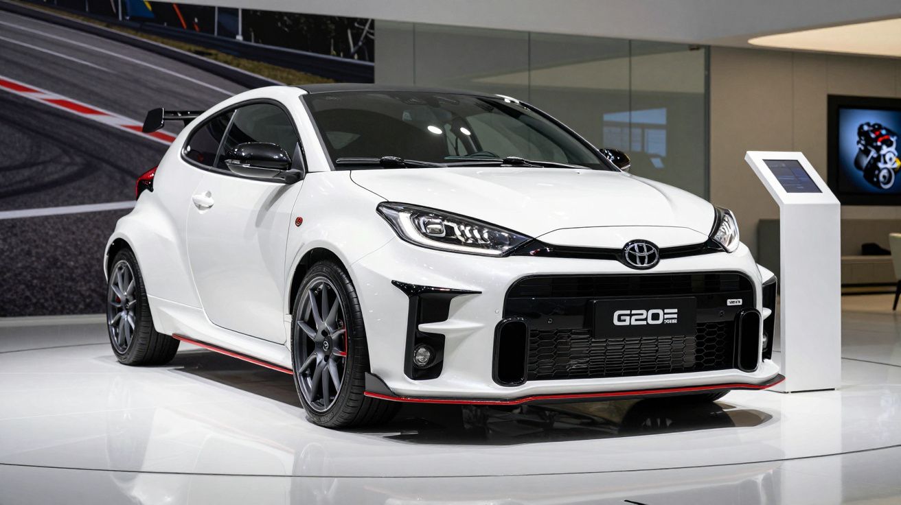 Carro esportivo branco Toyota G20E exibido num salão com iluminação moderna e detalhes em vermelho.