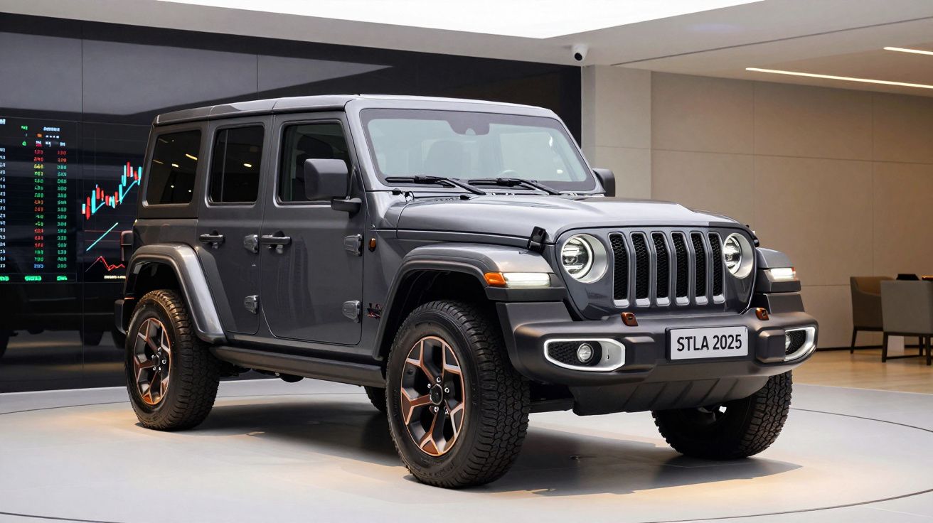 Jeep Wrangler cinzento exposto em espaço interior moderno com ecrã digital ao fundo.