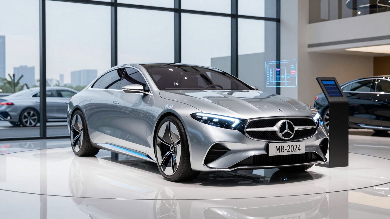 Carro desportivo de luxo Mercedes prata em exposição numa sala moderna com janelas panorâmicas.
