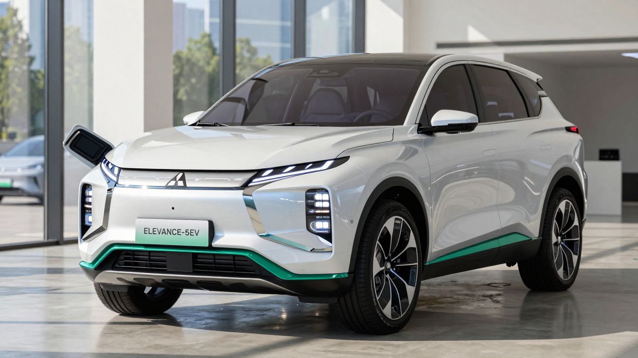 Carro elétrico branco Mitsubishi Elevance-5EV estacionado em showroom moderno com grandes janelas.