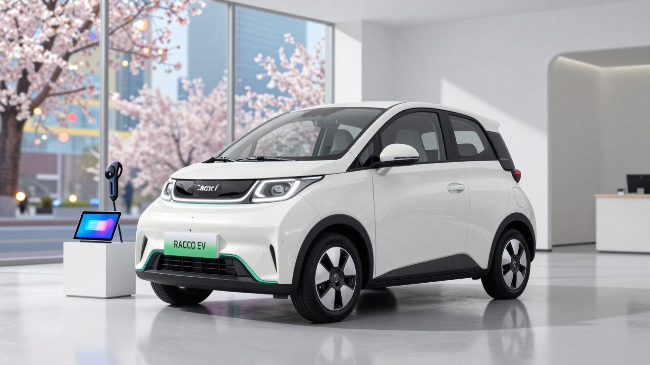 Carro elétrico branco RACCO EV exposto em interior moderno com janelas grandes e árvores floridas ao fundo.
