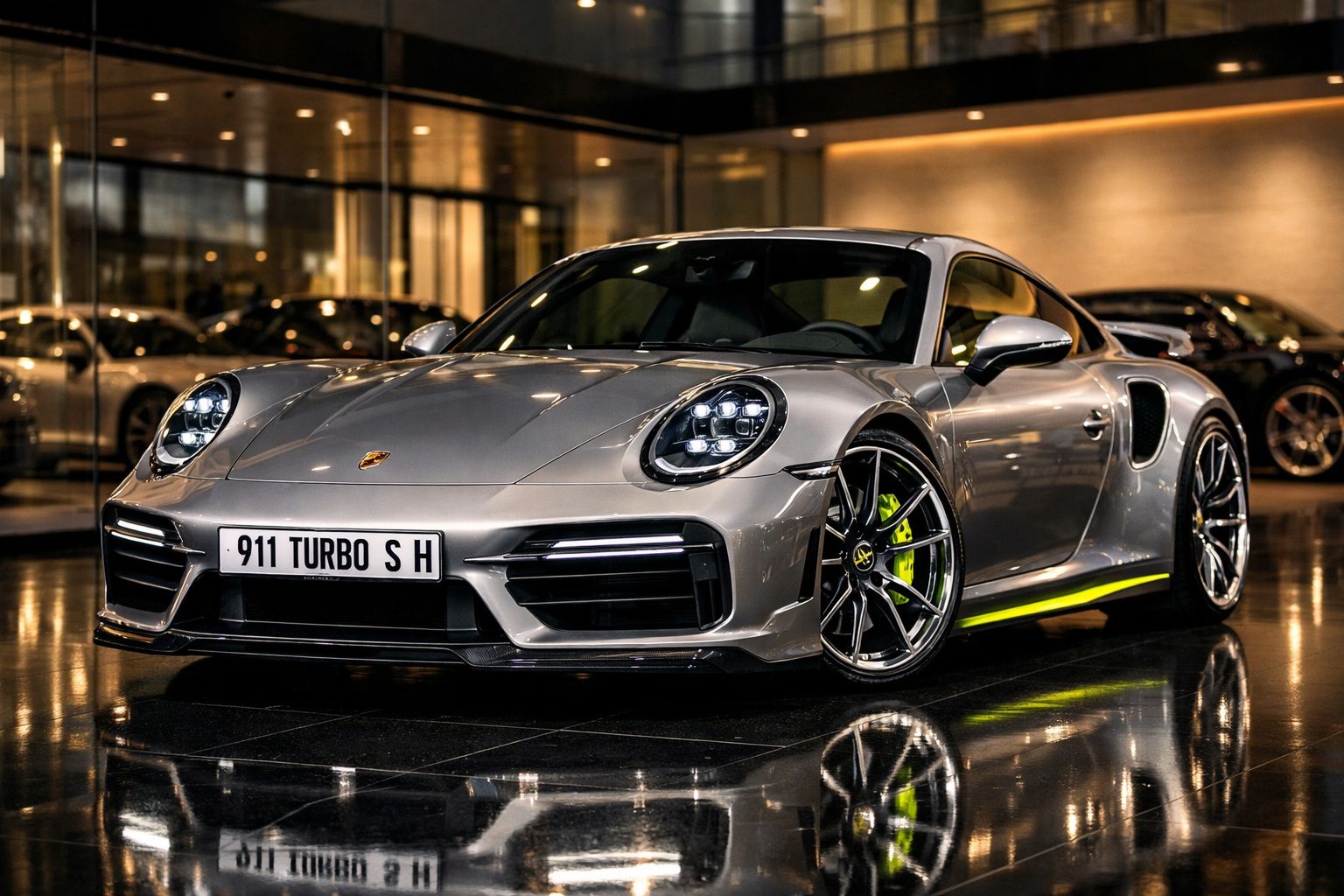 Carro desportivo Porsche 911 Turbo S cinza estacionado em showroom com iluminação ambiente quente.