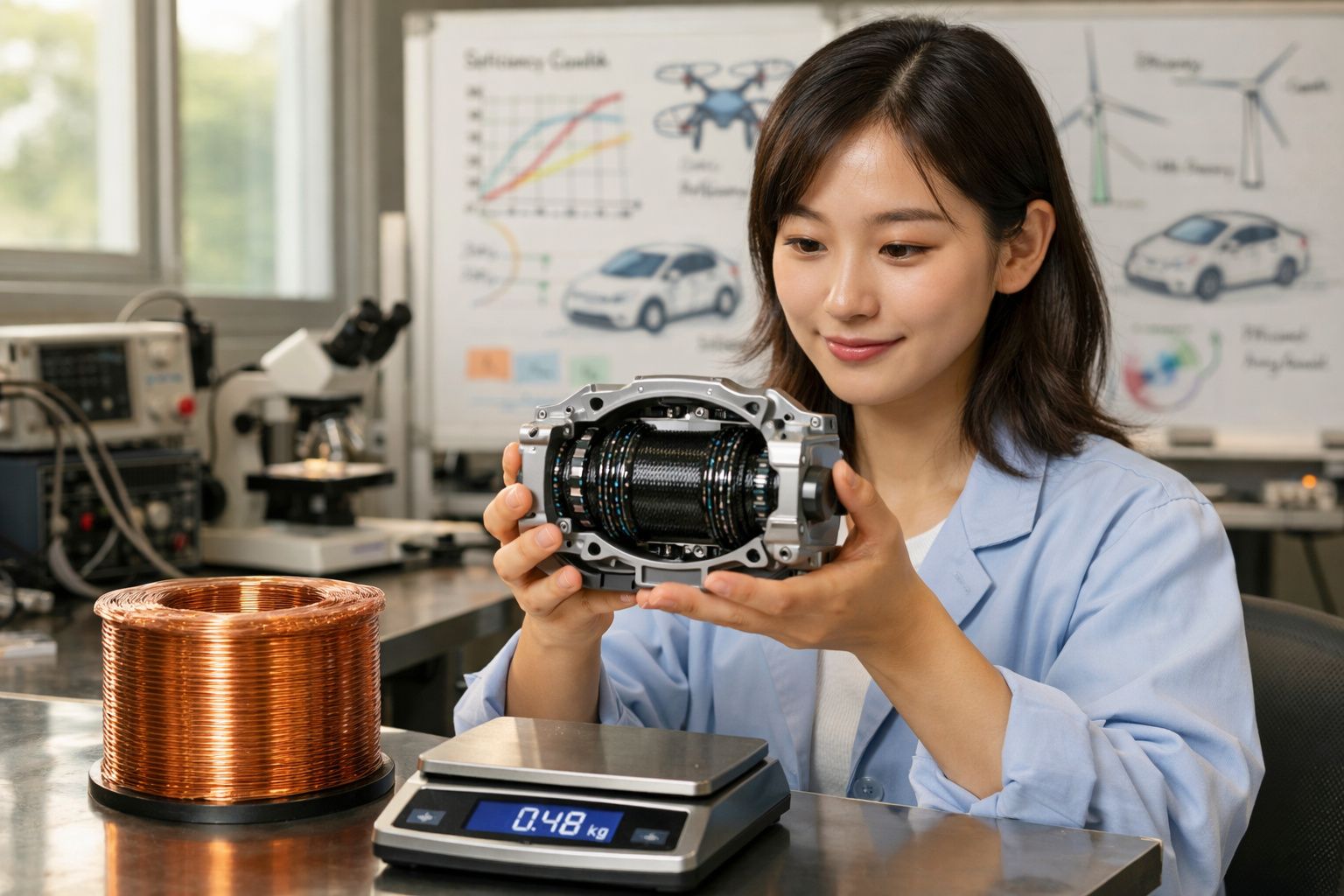 Mulher em laboratório a examinar componente tecnológico enquanto está rodeada de equipamentos científicos.