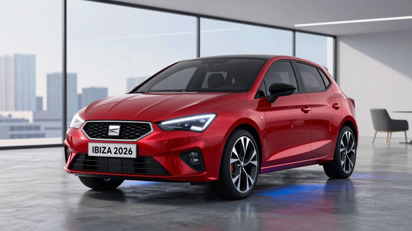 Carro Seat Ibiza vermelho de 2026 estacionado em interior moderno com janelas amplas e vista urbana.