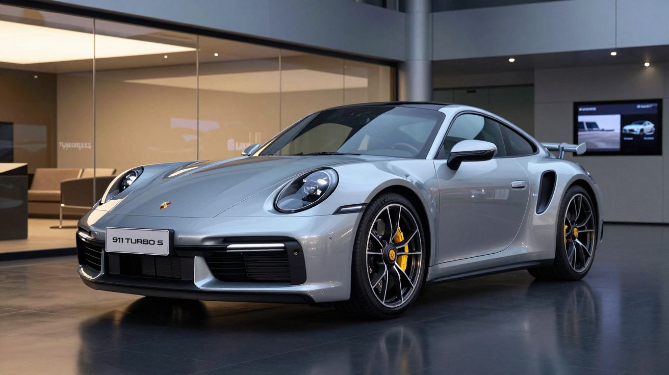 Carro desportivo Porsche 911 Turbo S prateado em exibição numa garagem moderna.