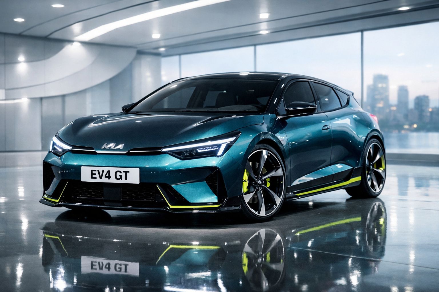 Carro elétrico Kia EV4 GT azul metálico estacionado em ambiente urbano moderno com reflexos no chão molhado.