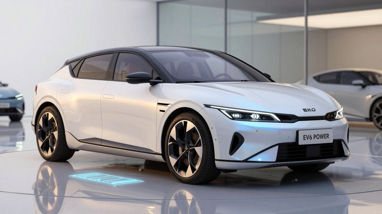 Carro elétrico branco moderno EV6 Power exibido em sala com chão refletor e paredes de vidro.