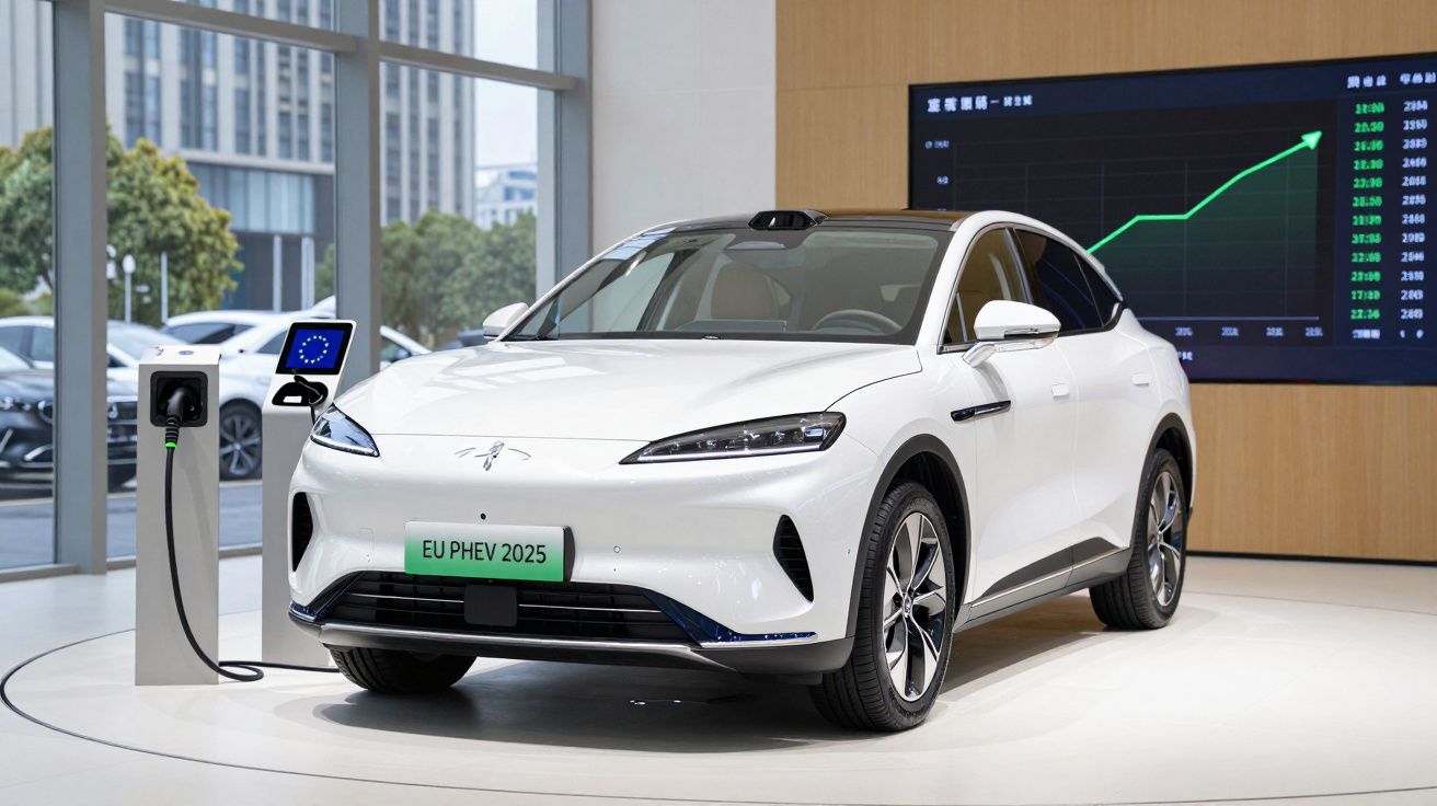 Carro elétrico branco a carregar numa estação de carregamento, exposição em showroom moderno.