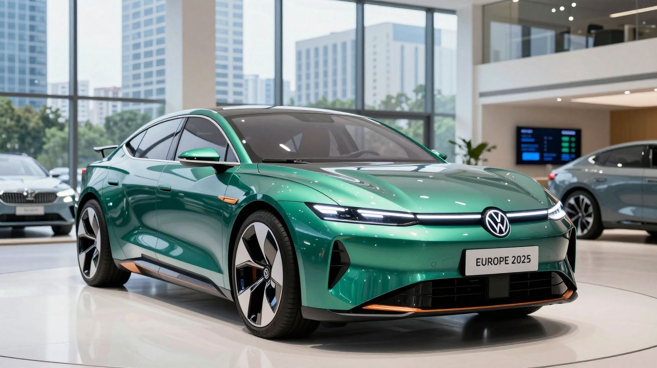 Carro elétrico verde Volkswagen exposto em salão moderno com janelas grandes e edifícios ao fundo.
